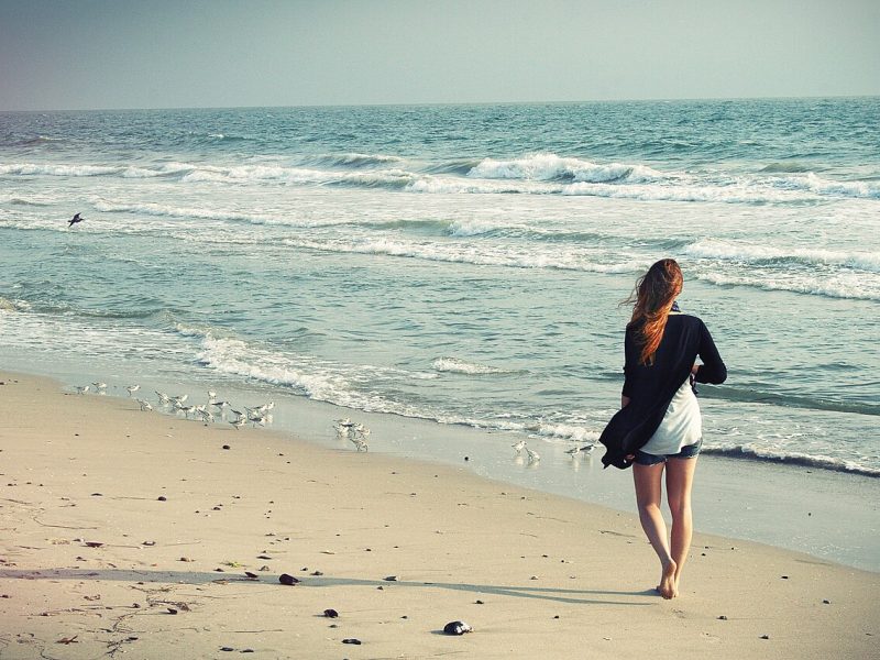 A woman walks alone on a beach facing the ocean waves as seagulls fly near the shore.